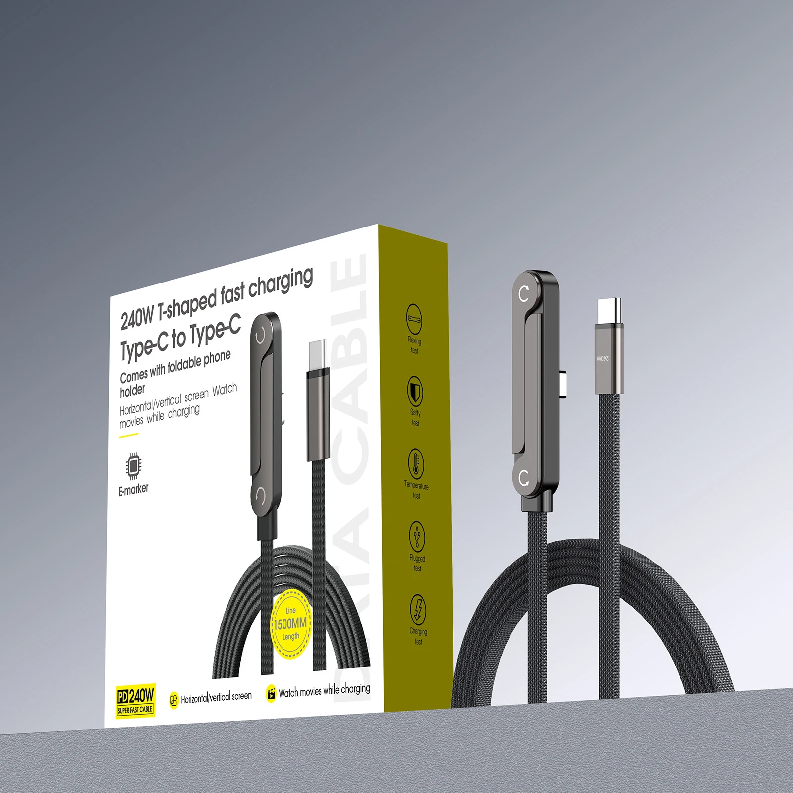 Popular 240W Fast Charging Dual Type-C Braided Zinc Alloy Data Cable, Integrated Metal Phone Stand